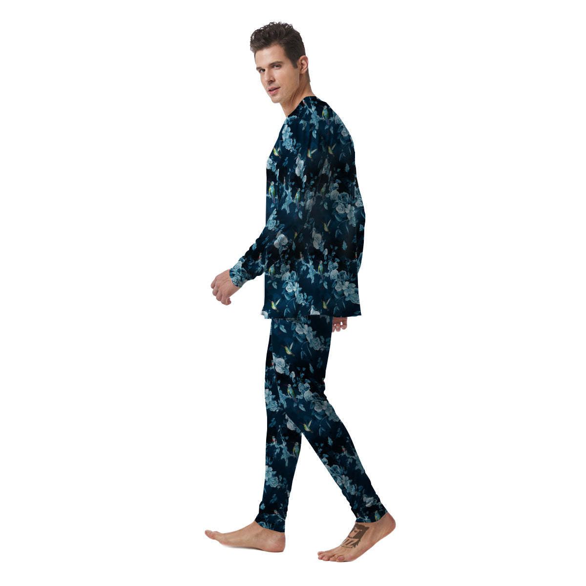 Floral Hummingbird Dark Blue Print Men's Pajamas-grizzshop