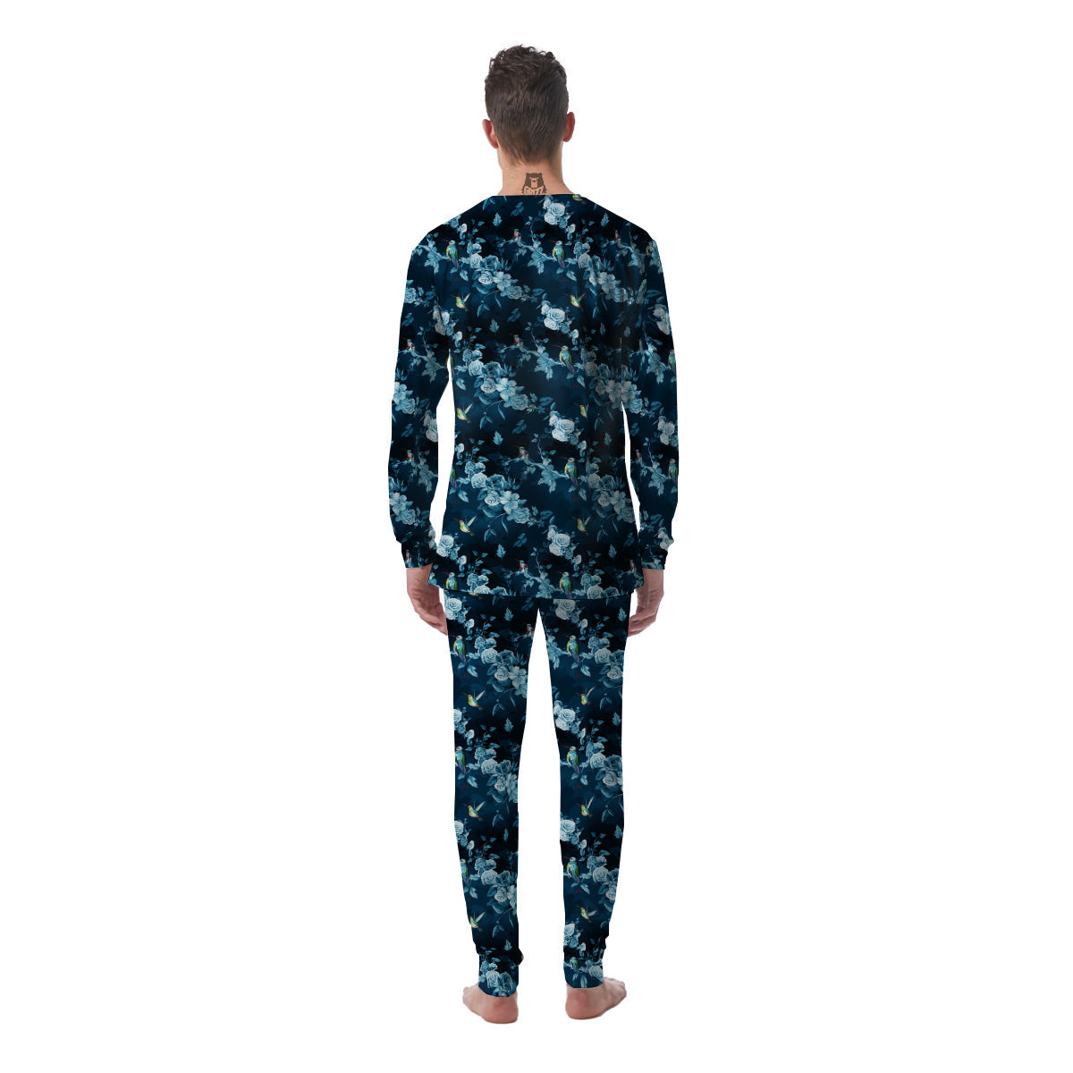 Floral Hummingbird Dark Blue Print Men's Pajamas-grizzshop