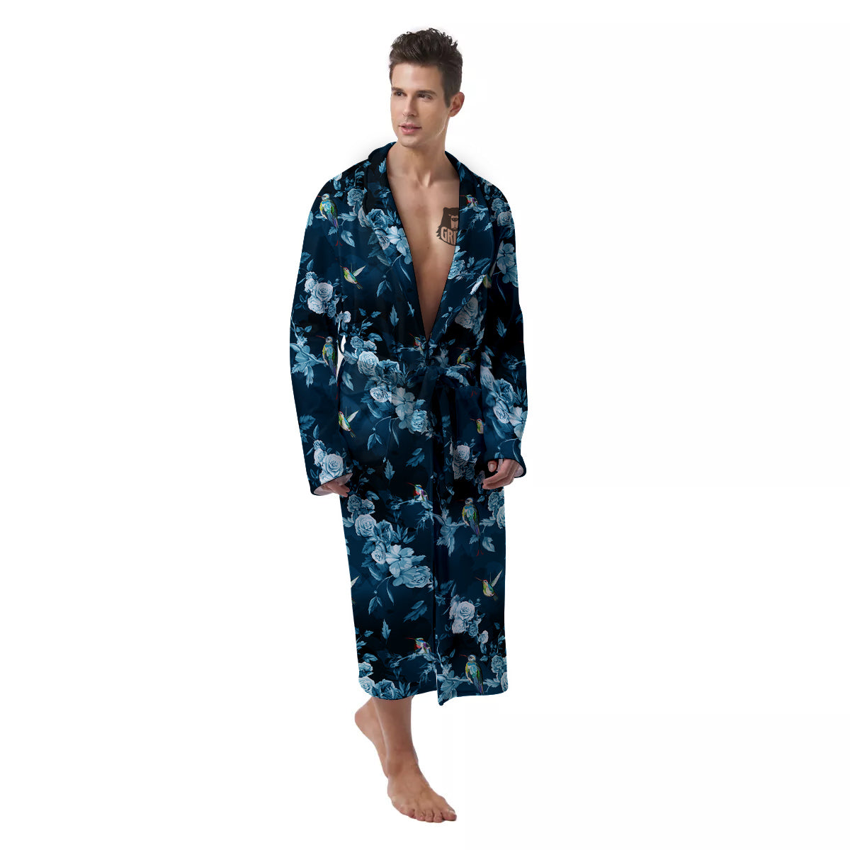 Floral Hummingbird Dark Blue Print Men's Robe-grizzshop