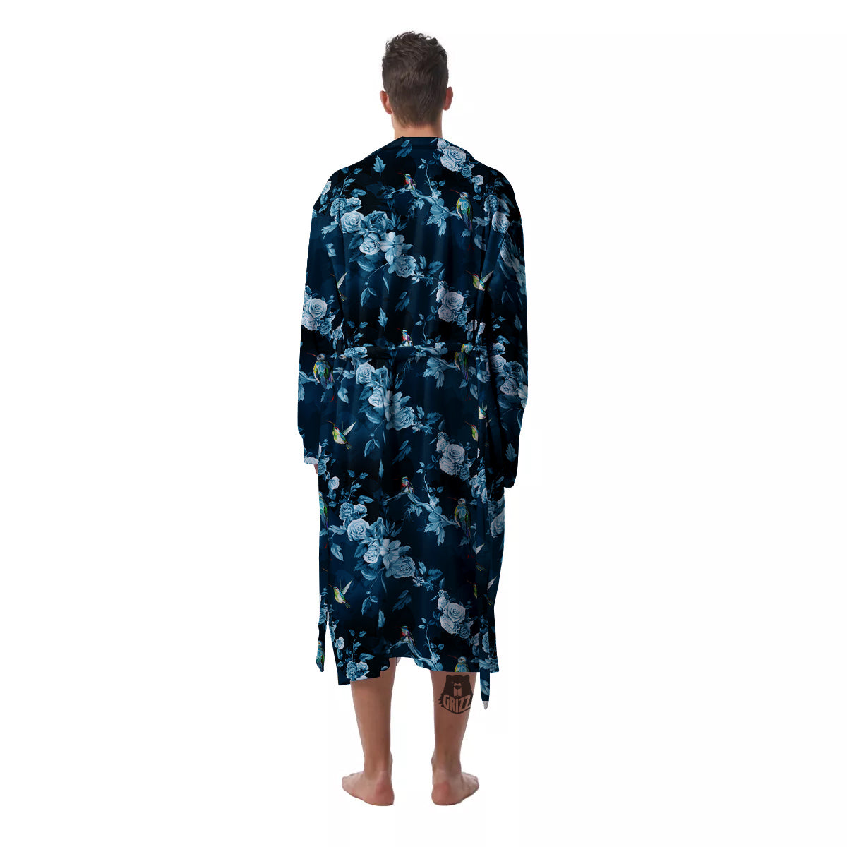Floral Hummingbird Dark Blue Print Men's Robe-grizzshop