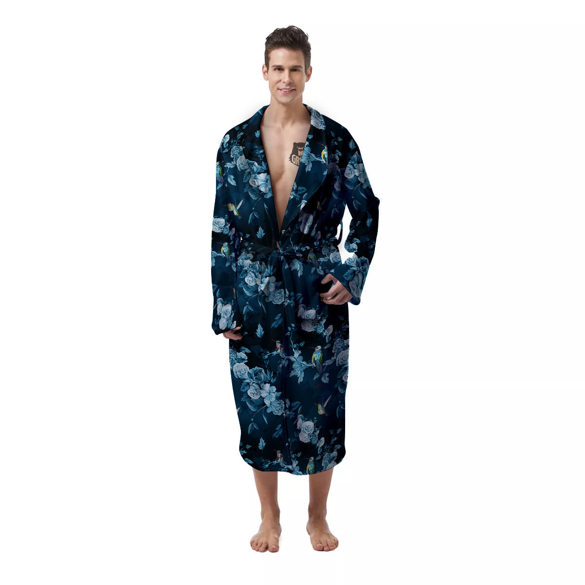 Floral Hummingbird Dark Blue Print Men's Robe-grizzshop