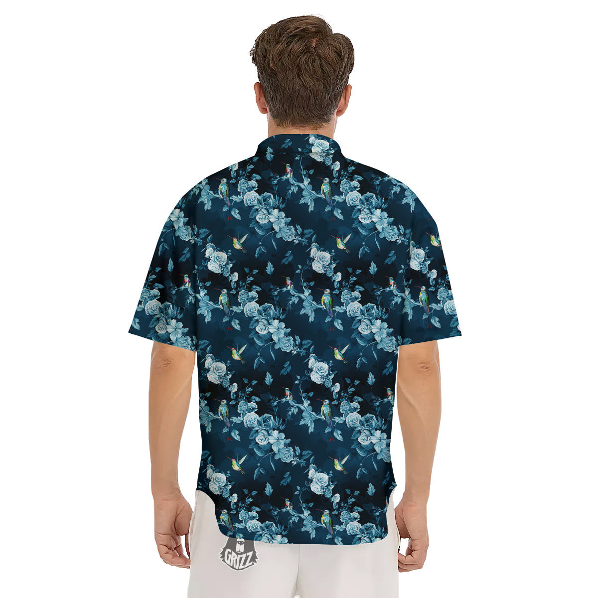 Floral Hummingbird Dark Blue Print Men's Short Sleeve Shirts-grizzshop