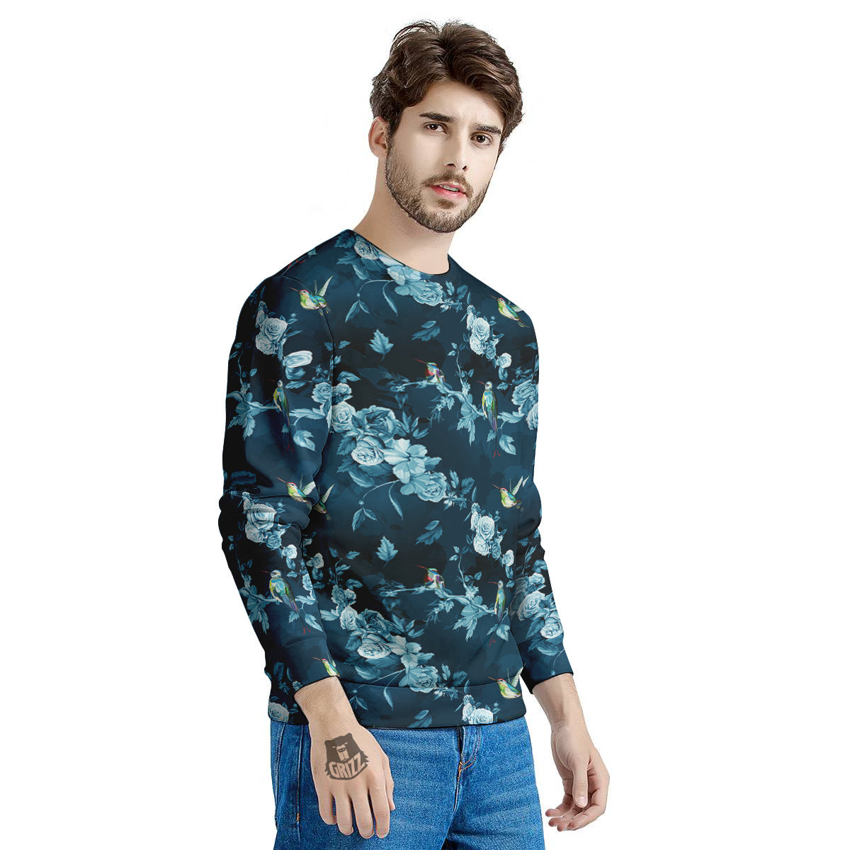 Floral Hummingbird Dark Blue Print Men's Sweatshirt-grizzshop