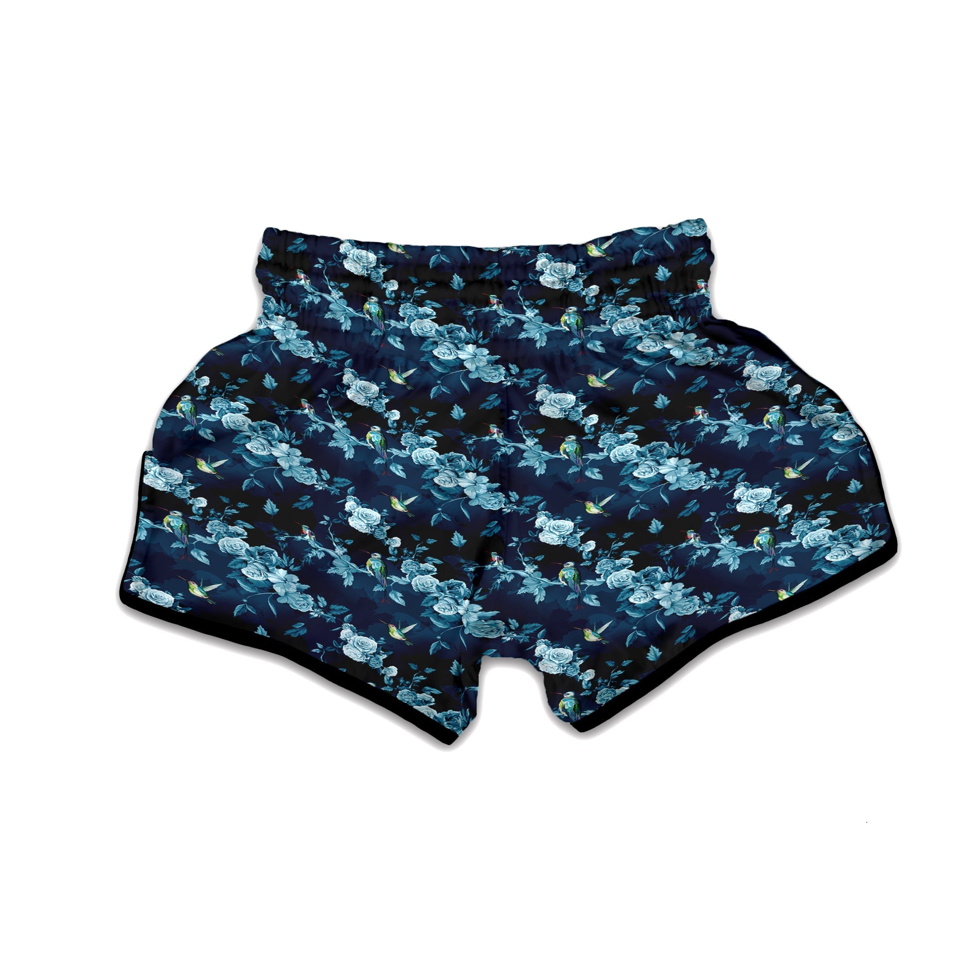 Floral Hummingbird Dark Blue Print Muay Thai Boxing Shorts-grizzshop