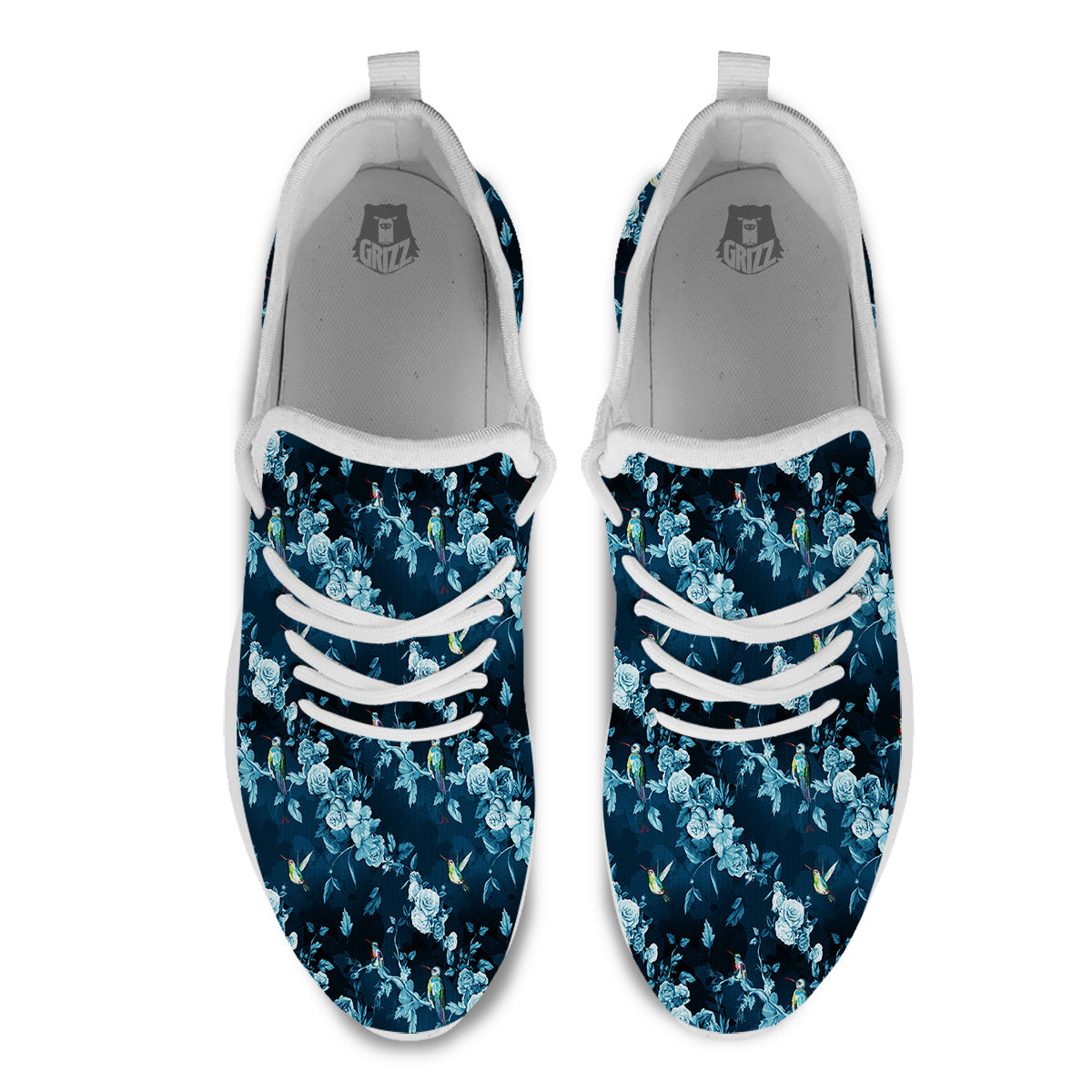 Floral Hummingbird Dark Blue Print White Athletic Shoes-grizzshop