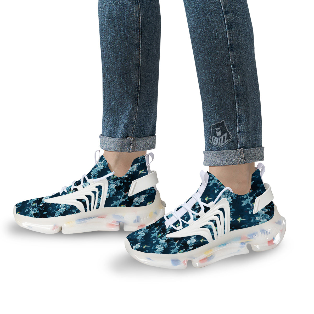 Floral Hummingbird Dark Blue Print White Gym Shoes-grizzshop