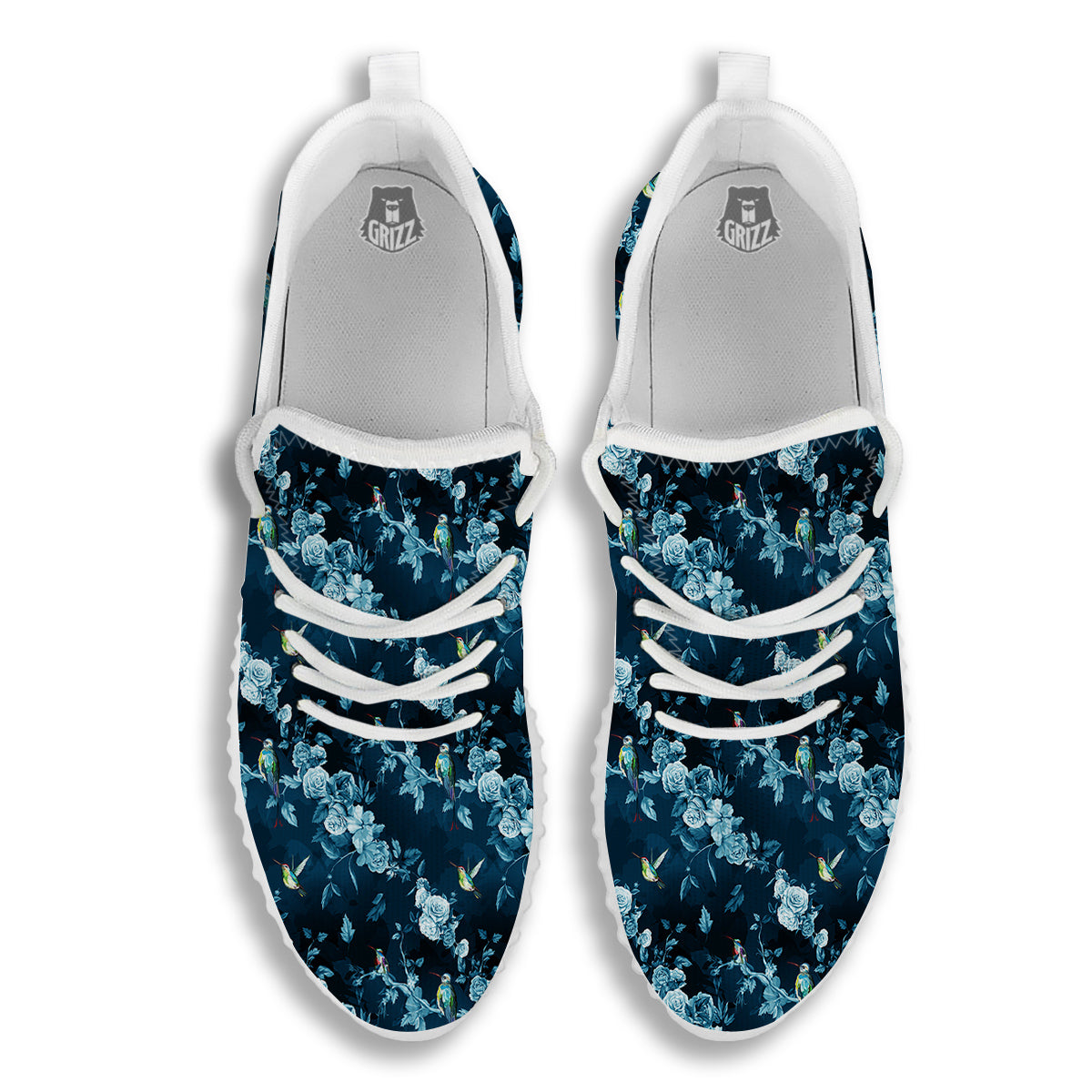 Floral Hummingbird Dark Blue Print White Walking Shoes-grizzshop