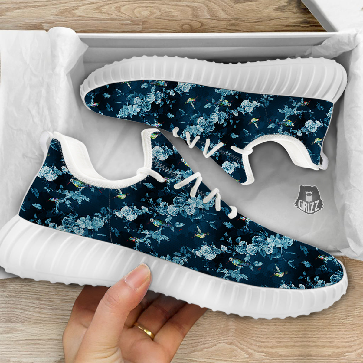 Floral Hummingbird Dark Blue Print White Walking Shoes-grizzshop