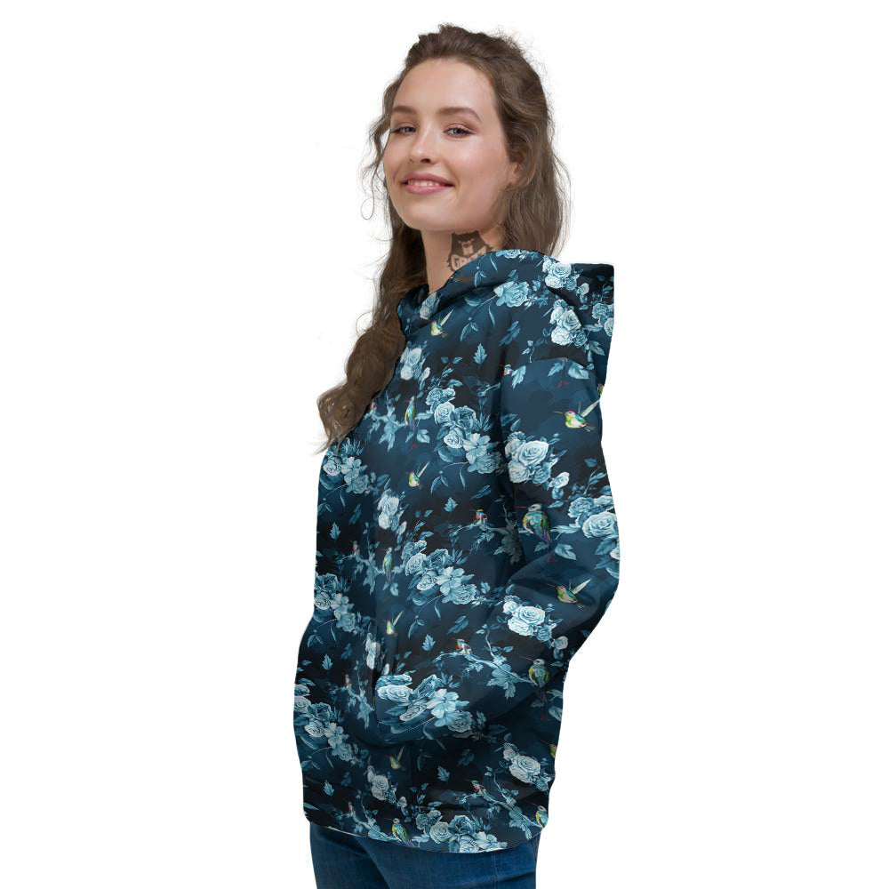 Floral Hummingbird Dark Blue Print Women's Hoodie-grizzshop