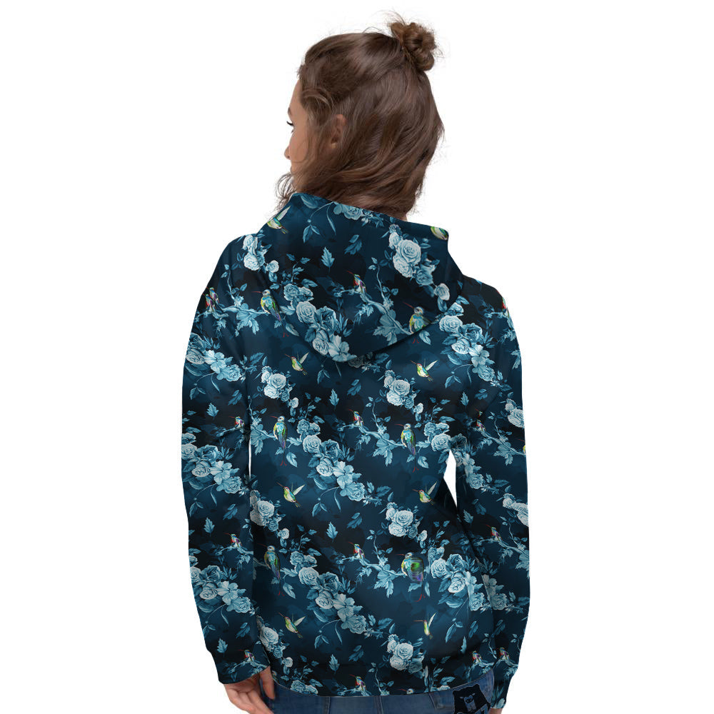 Floral Hummingbird Dark Blue Print Women's Hoodie-grizzshop