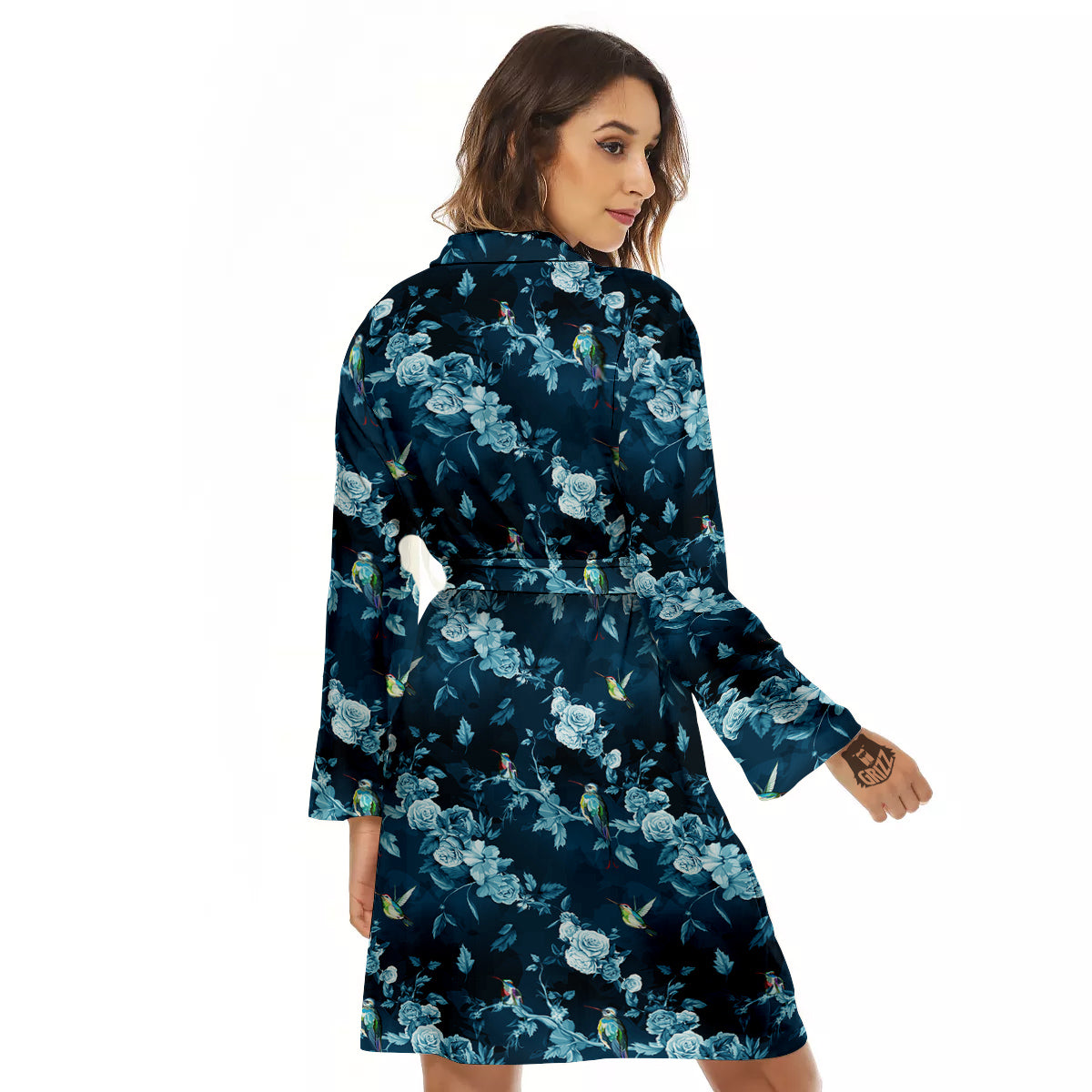 Floral Hummingbird Dark Blue Print Women's Robe-grizzshop