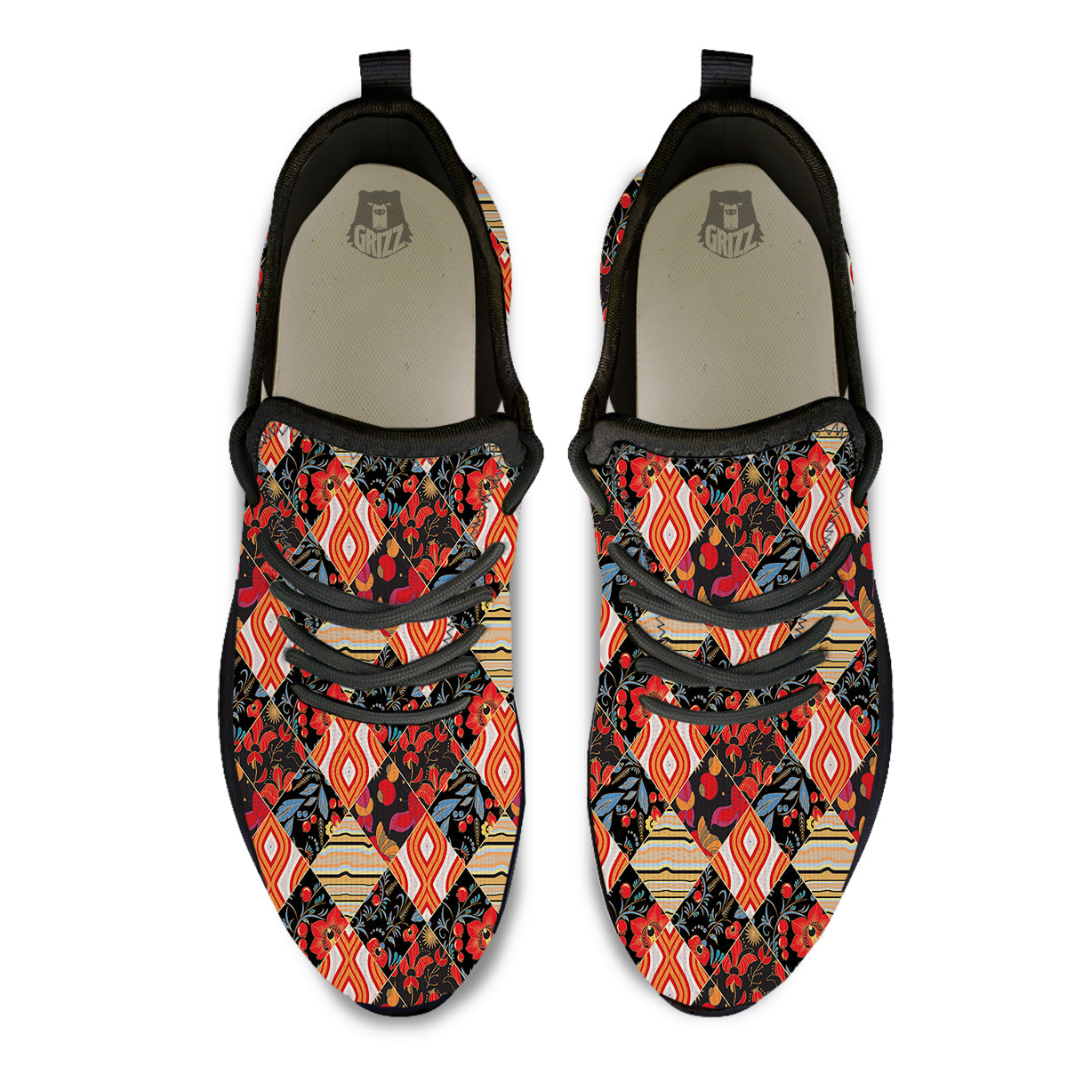 Floral Indian Patchwork Print Pattern Black Athletic Shoes-grizzshop