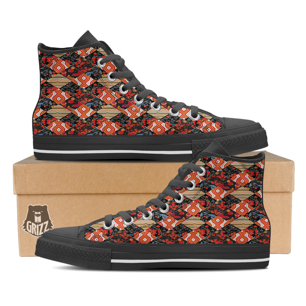 Floral Indian Patchwork Print Pattern Black High Top Shoes-grizzshop
