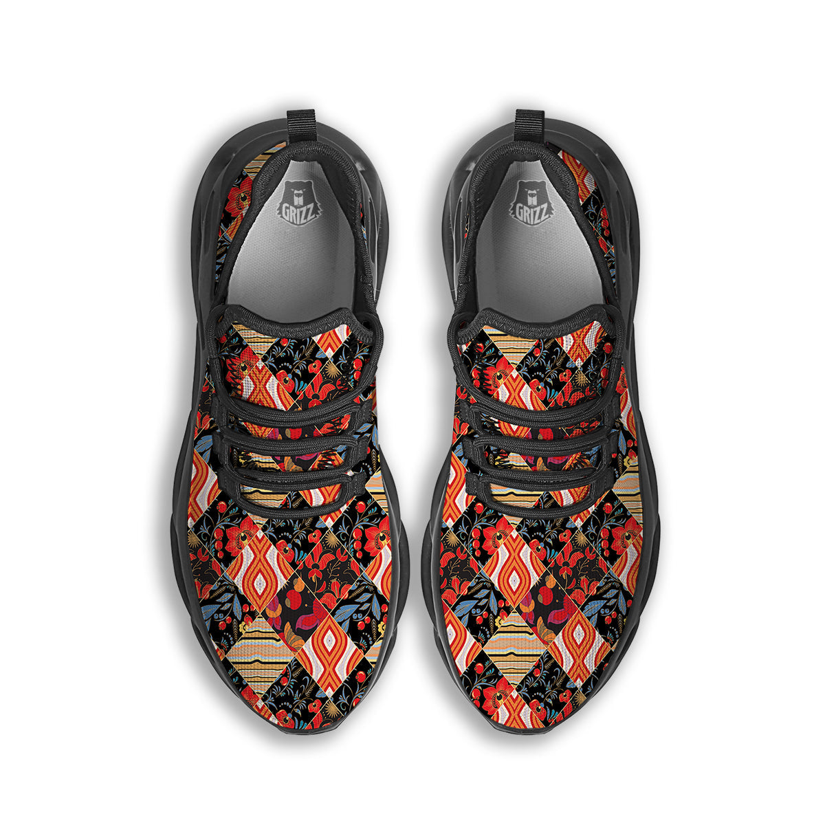 Floral Indian Patchwork Print Pattern Black Running Shoes-grizzshop
