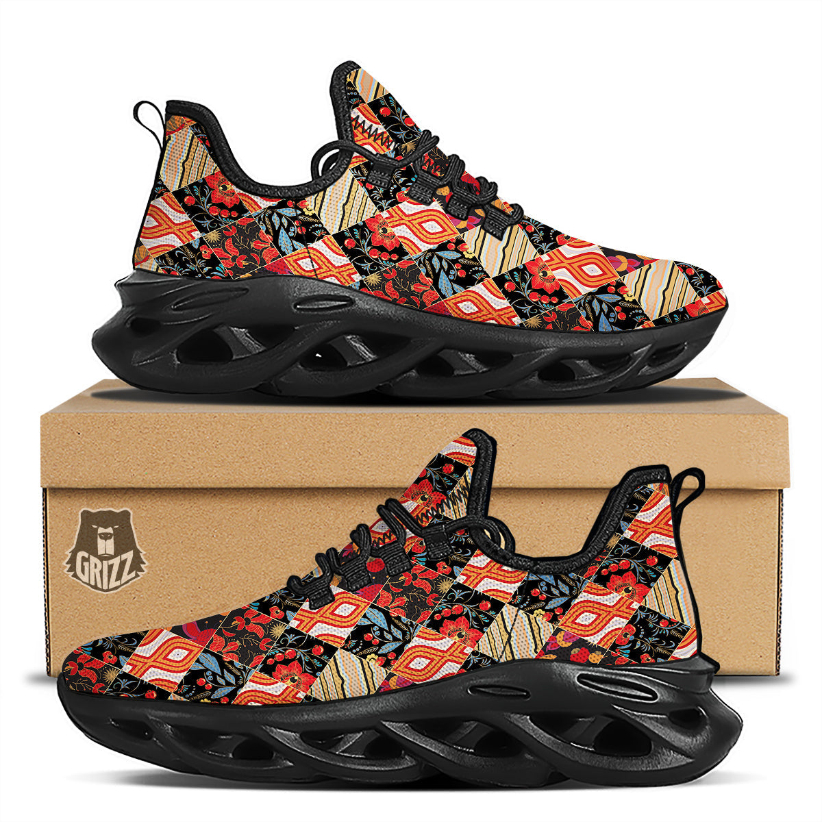 Floral Indian Patchwork Print Pattern Black Running Shoes-grizzshop