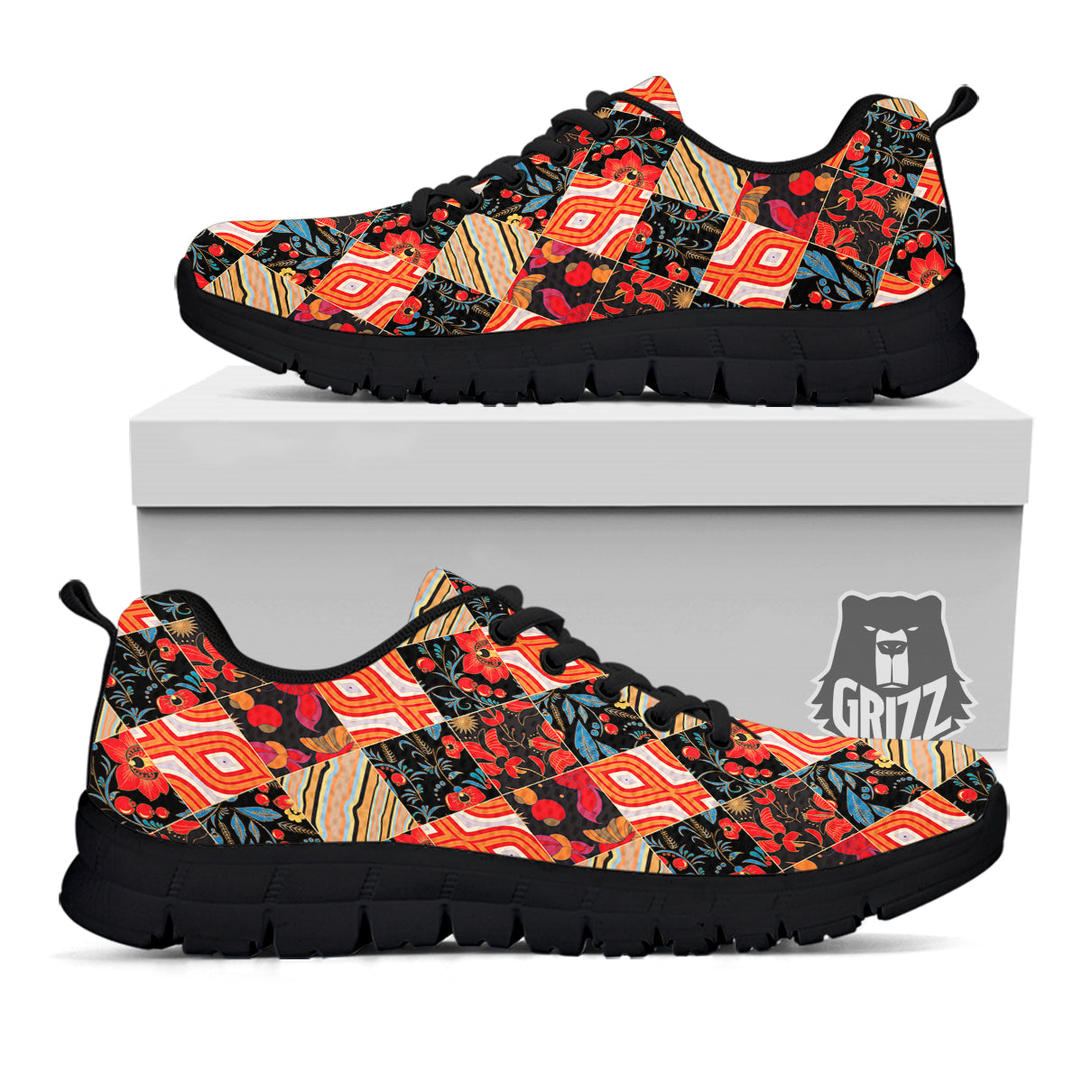 Floral Indian Patchwork Print Pattern Black Sneaker-grizzshop