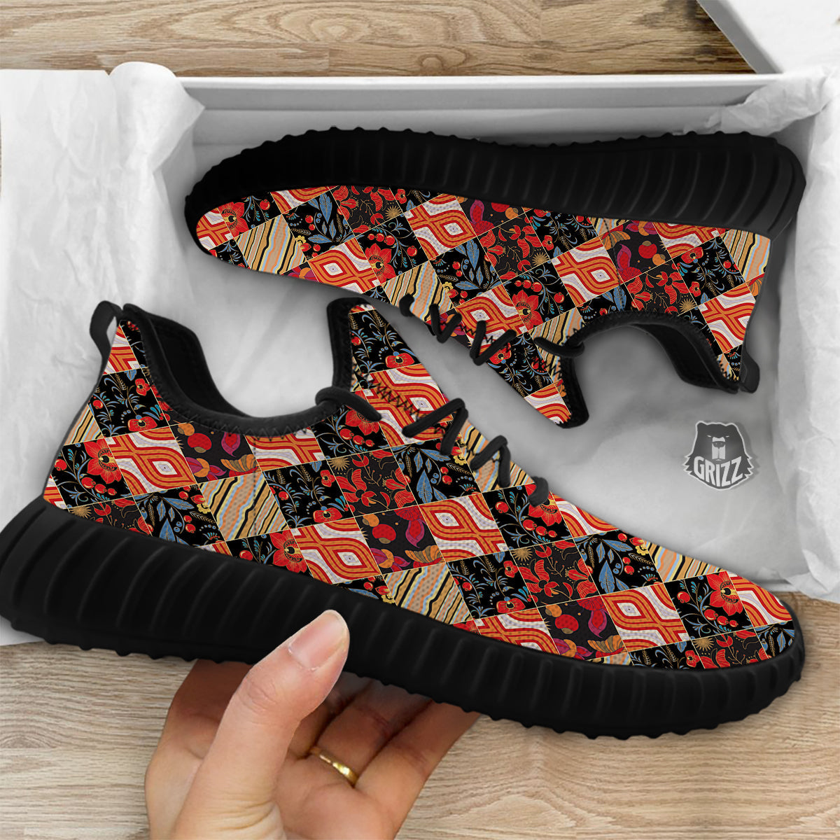 Floral Indian Patchwork Print Pattern Black Walking Shoes-grizzshop