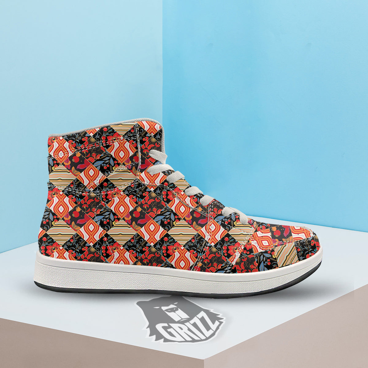 Floral Indian Patchwork Print Pattern High Top Sneakers-grizzshop