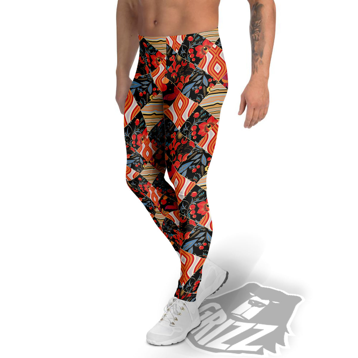 Floral Indian Patchwork Print Pattern Men's Leggings-grizzshop