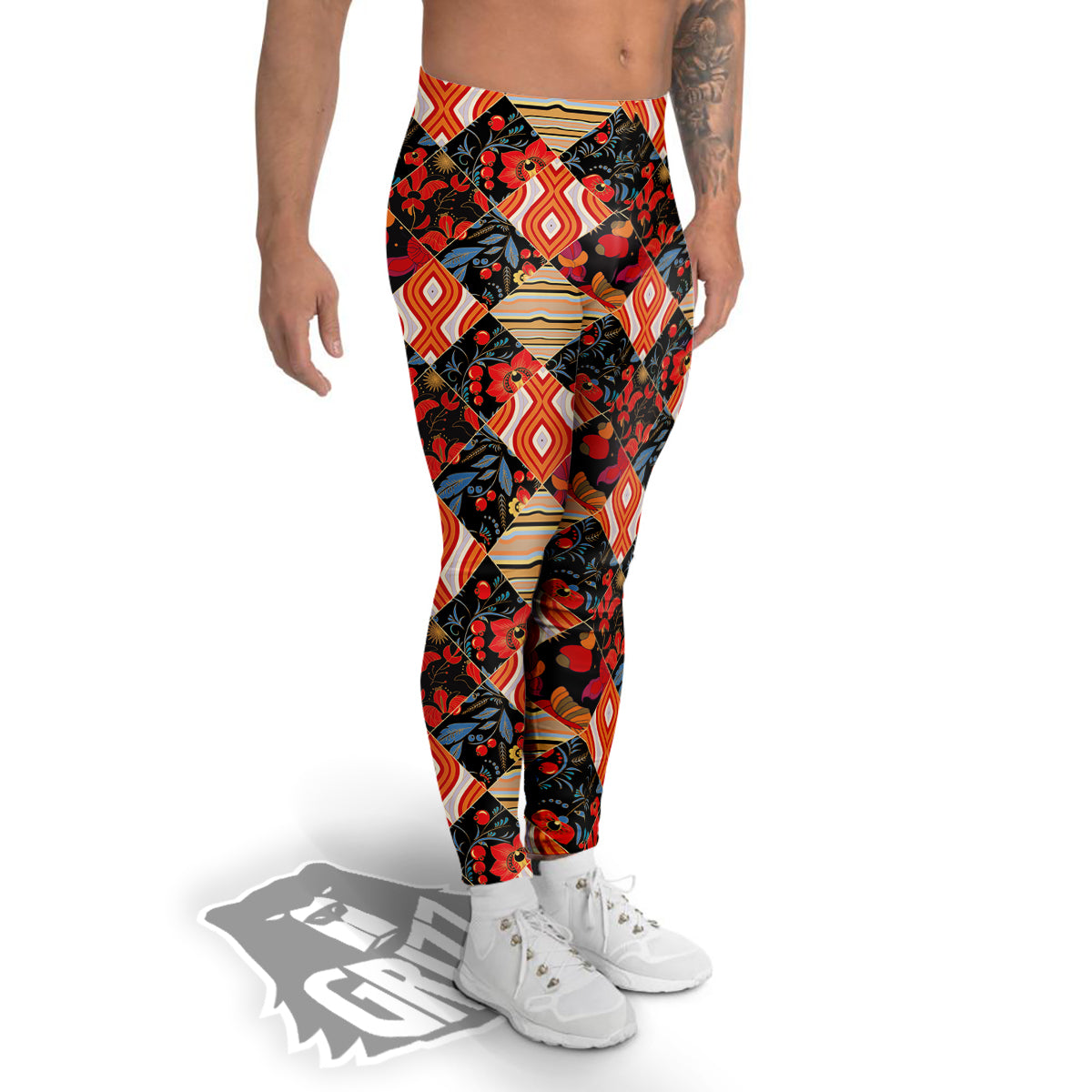 Floral Indian Patchwork Print Pattern Men's Leggings-grizzshop
