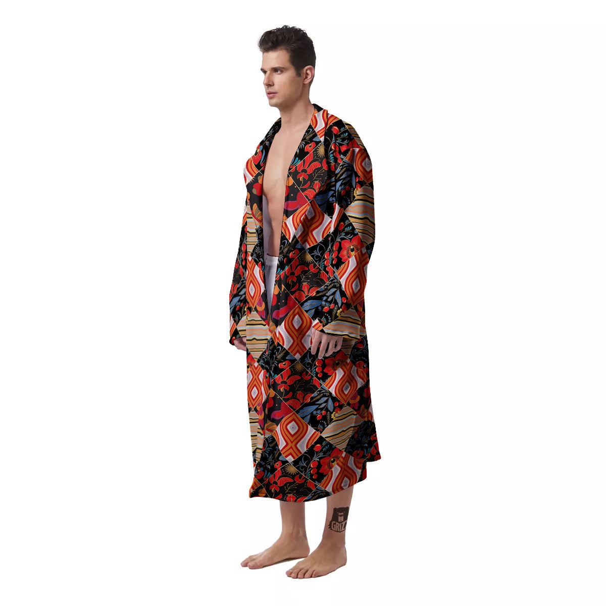 Floral Indian Patchwork Print Pattern Men's Robe-grizzshop