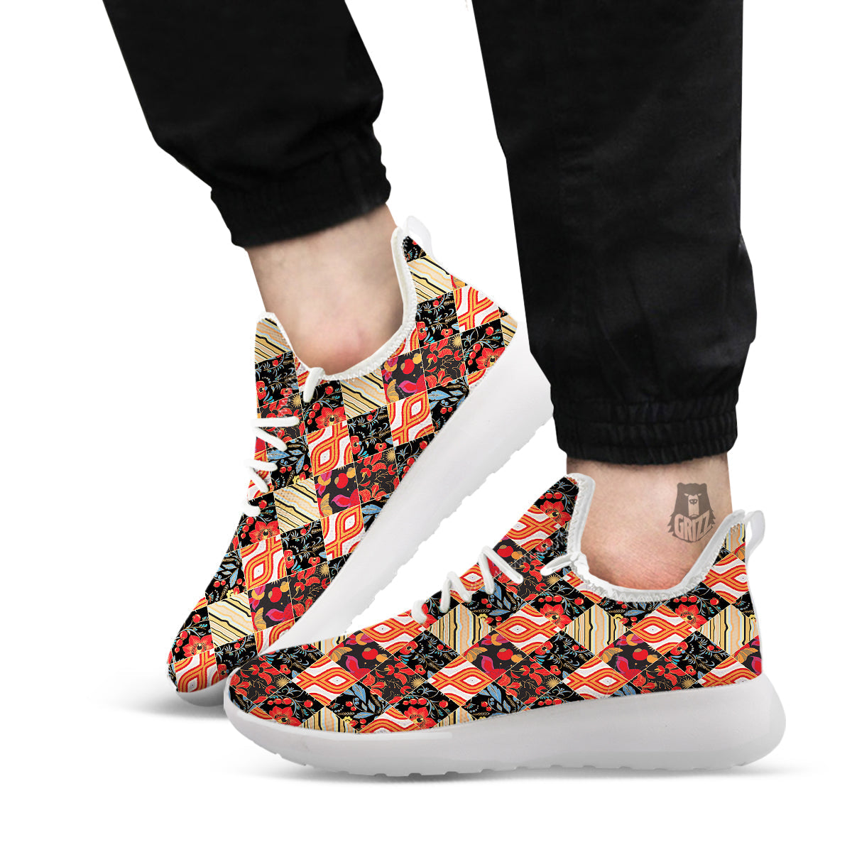 Floral Indian Patchwork Print Pattern White Athletic Shoes-grizzshop