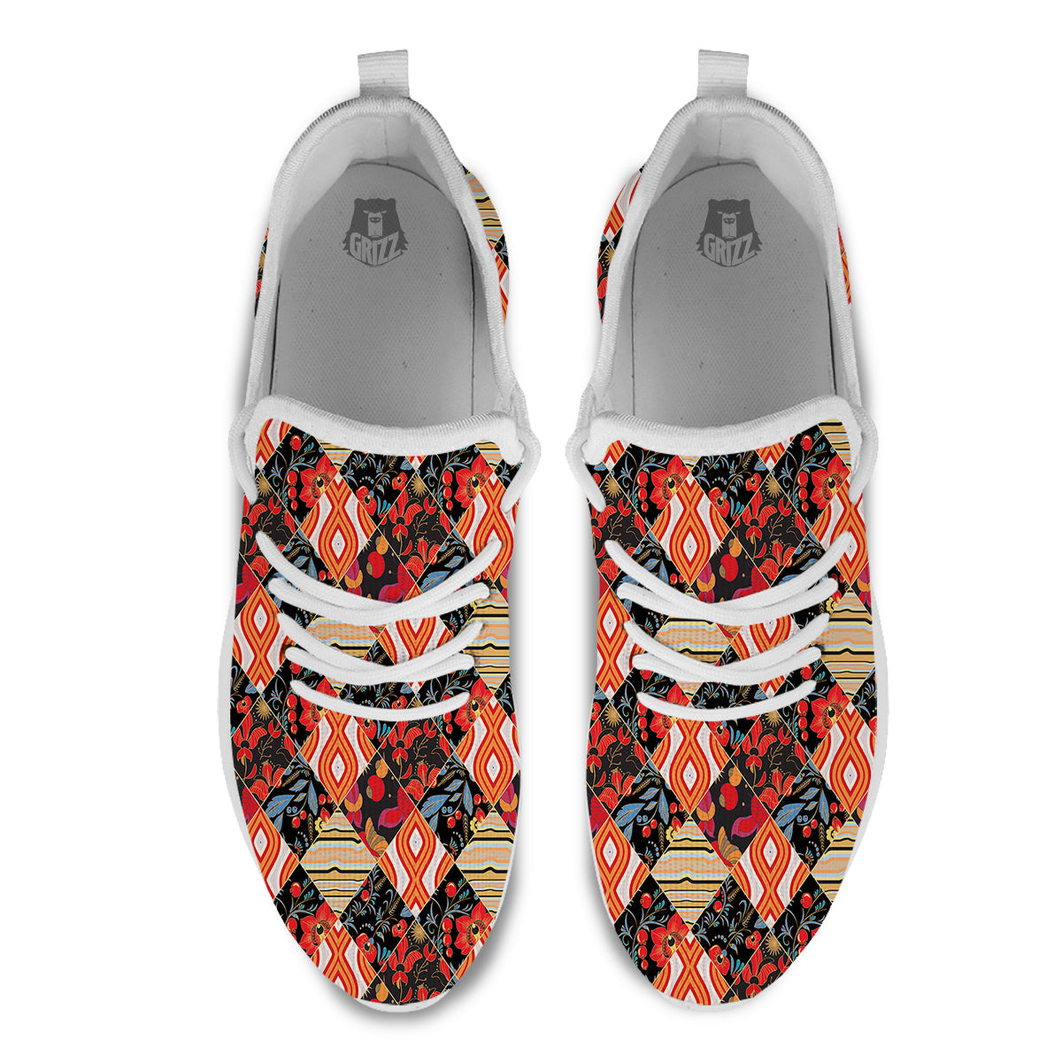 Floral Indian Patchwork Print Pattern White Athletic Shoes-grizzshop