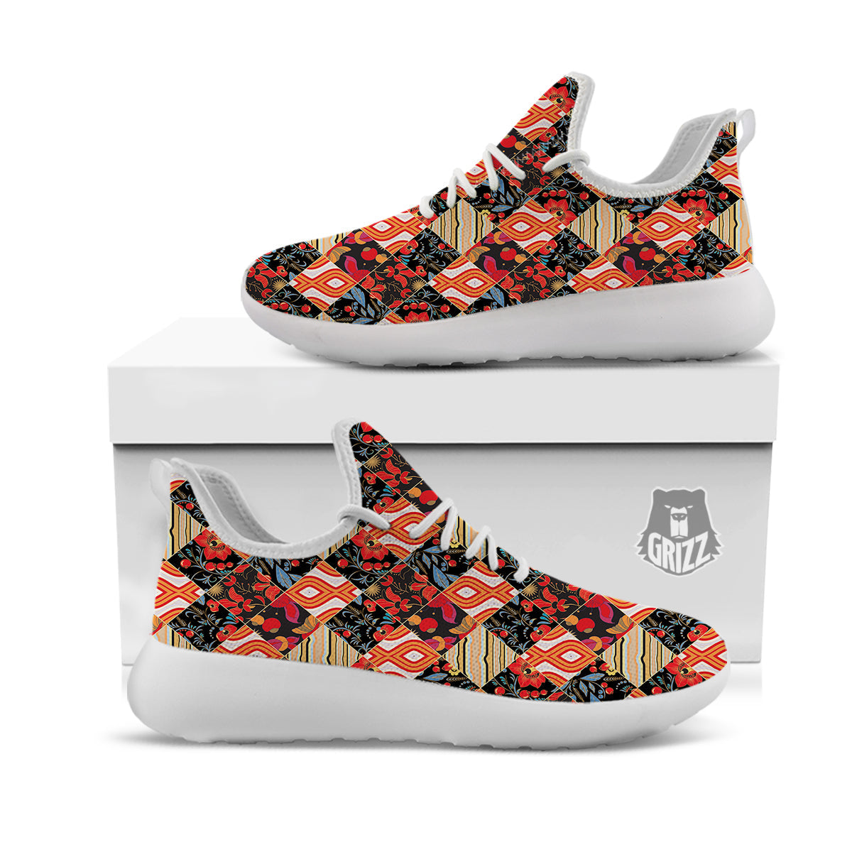 Floral Indian Patchwork Print Pattern White Athletic Shoes-grizzshop