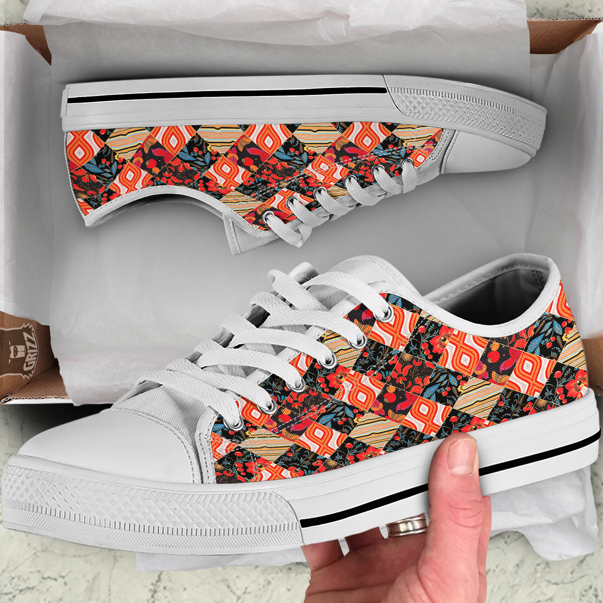Floral Indian Patchwork Print Pattern White Low Top Shoes-grizzshop