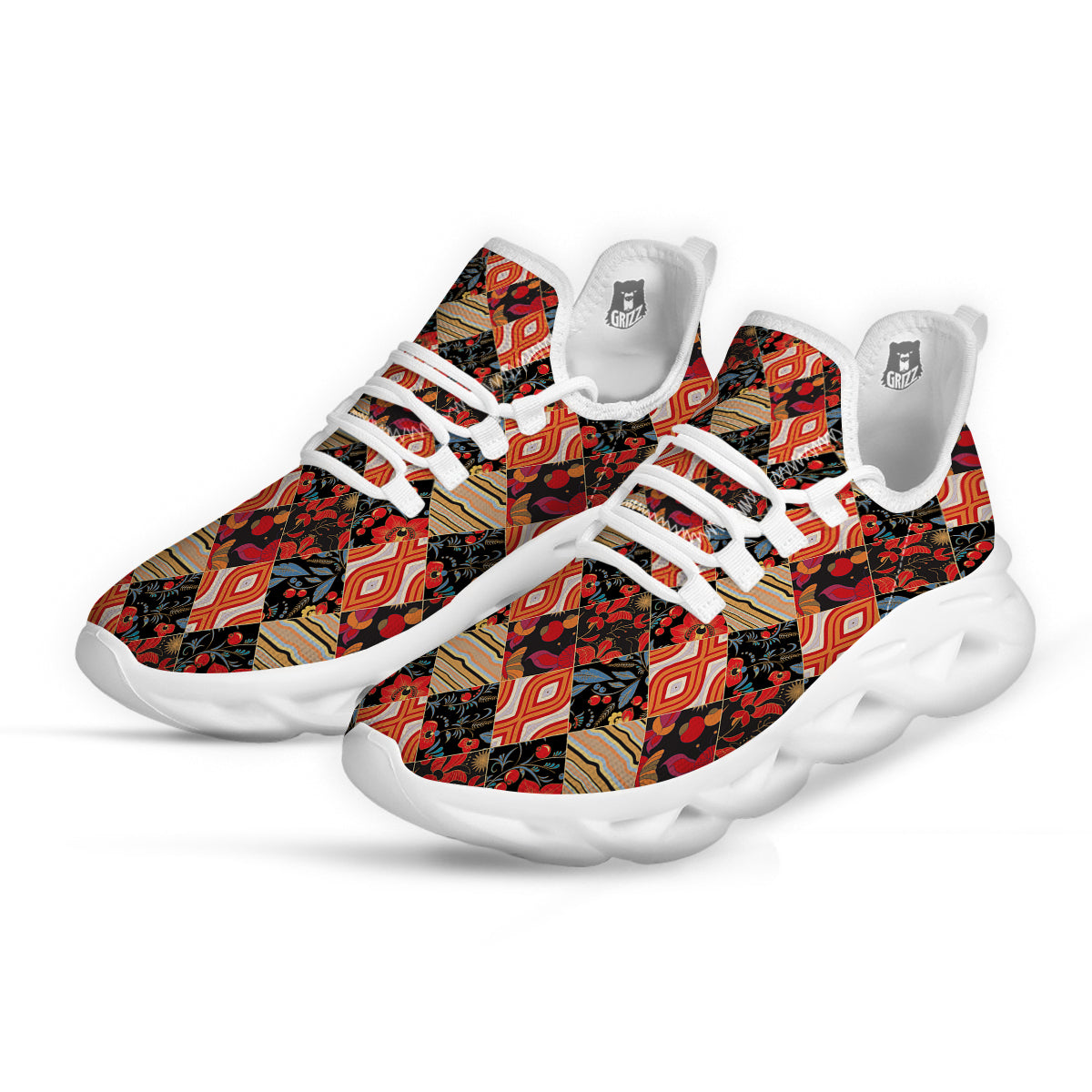 Floral Indian Patchwork Print Pattern White Running Shoes-grizzshop