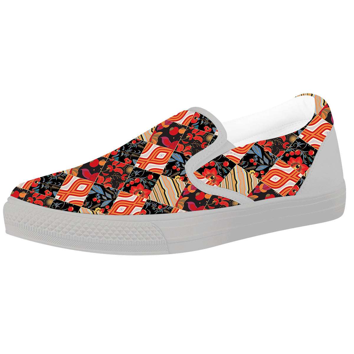 Floral Indian Patchwork Print Pattern White Slip On Shoes-grizzshop