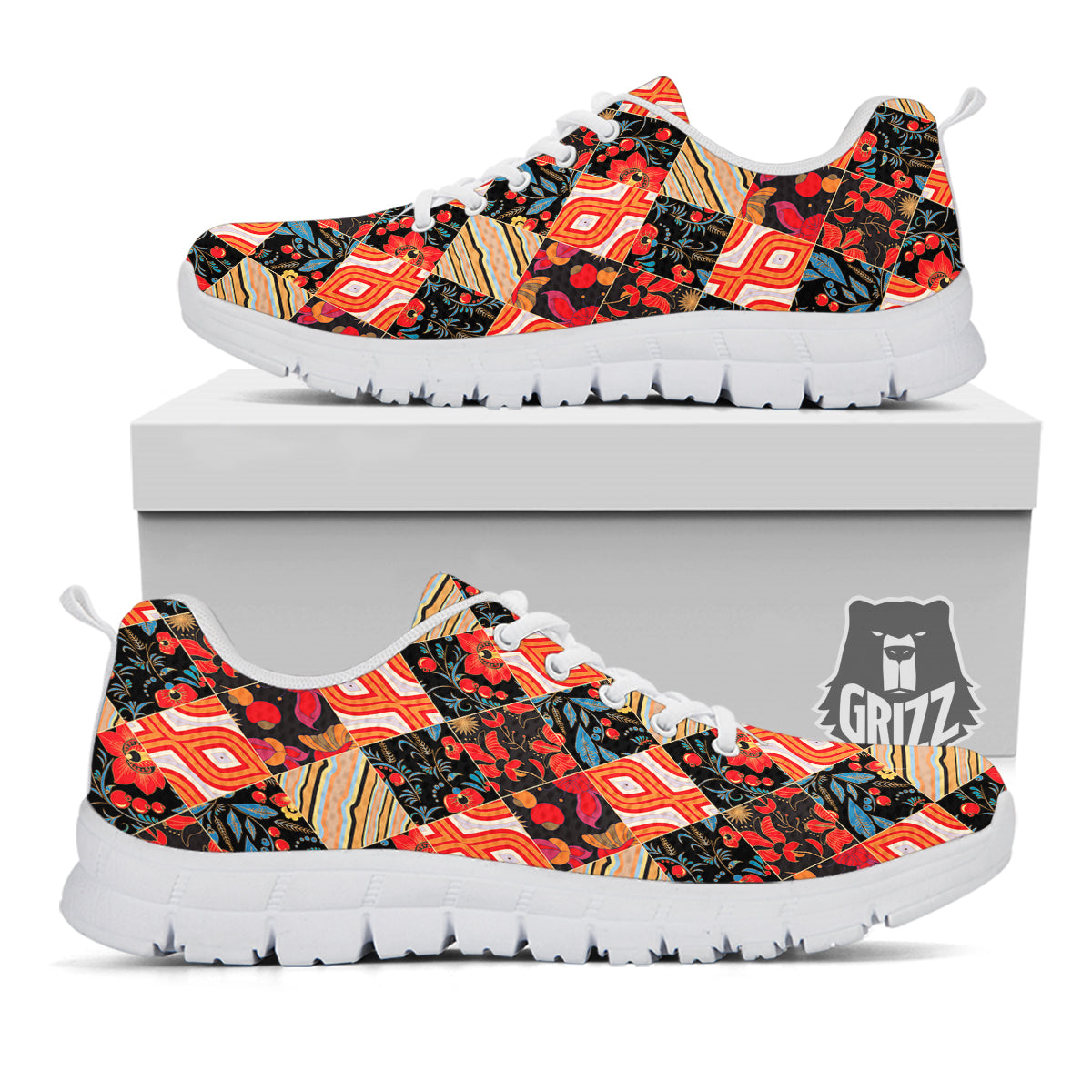 Floral Indian Patchwork Print Pattern White Sneaker-grizzshop