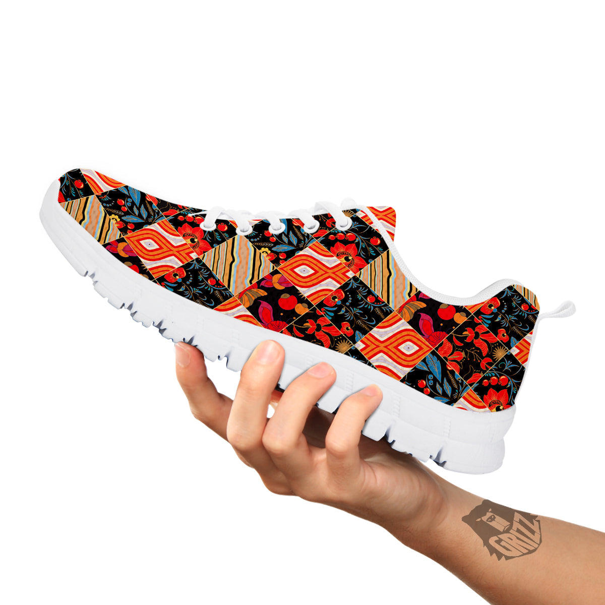 Floral Indian Patchwork Print Pattern White Sneaker-grizzshop