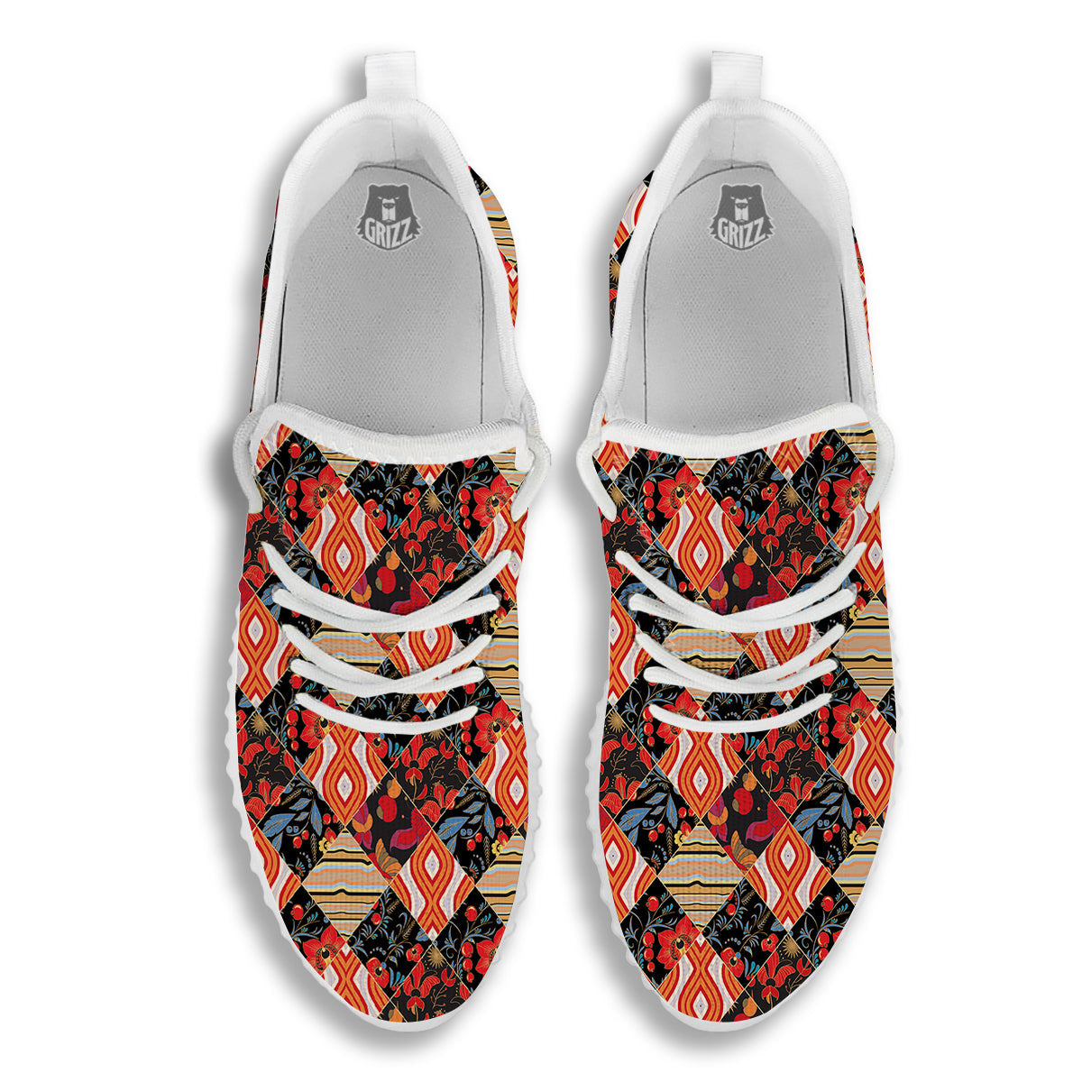 Floral Indian Patchwork Print Pattern White Walking Shoes-grizzshop