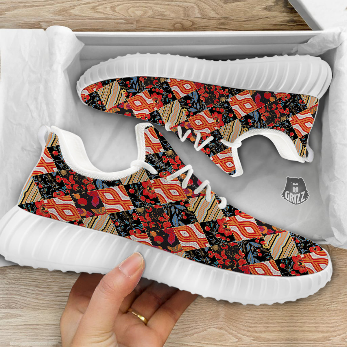 Floral Indian Patchwork Print Pattern White Walking Shoes-grizzshop
