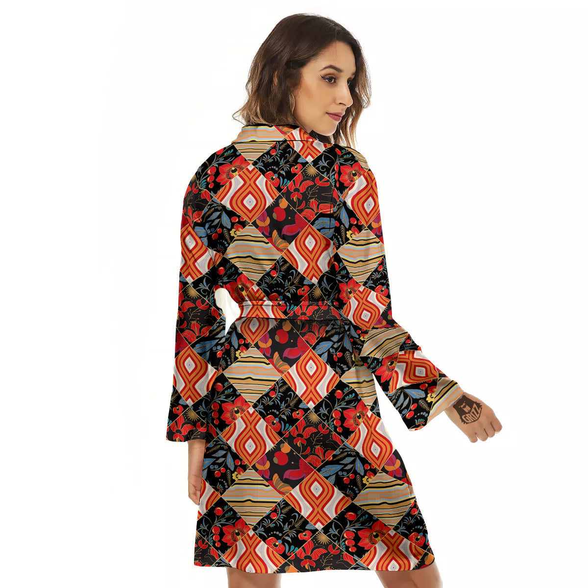 Floral Indian Patchwork Print Pattern Women's Robe-grizzshop