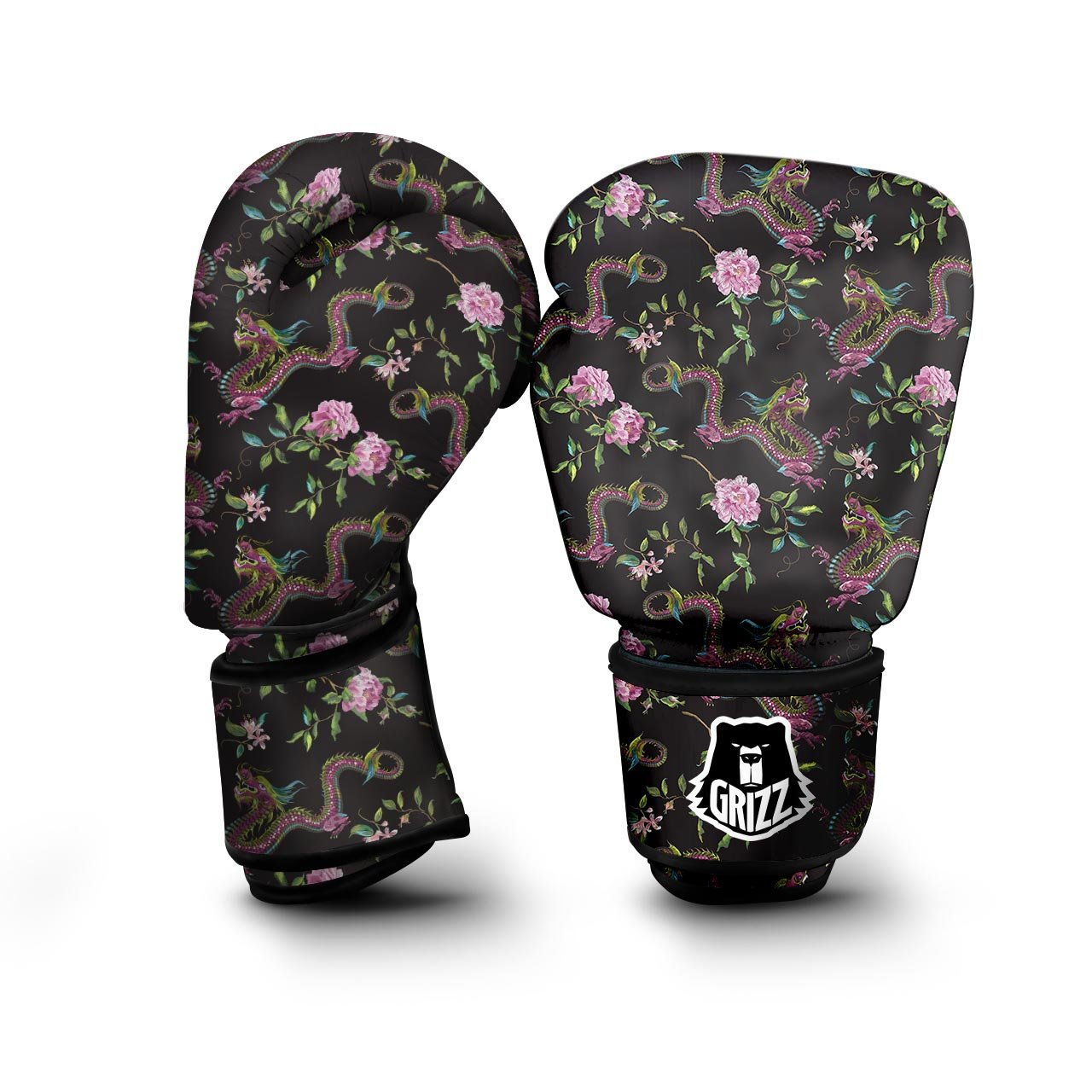 Floral Janpanese Dragon Print Boxing Gloves-grizzshop