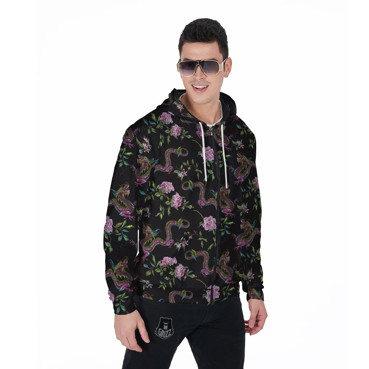 Floral Janpanese Dragon Print Men's Zip Up Hoodie-grizzshop
