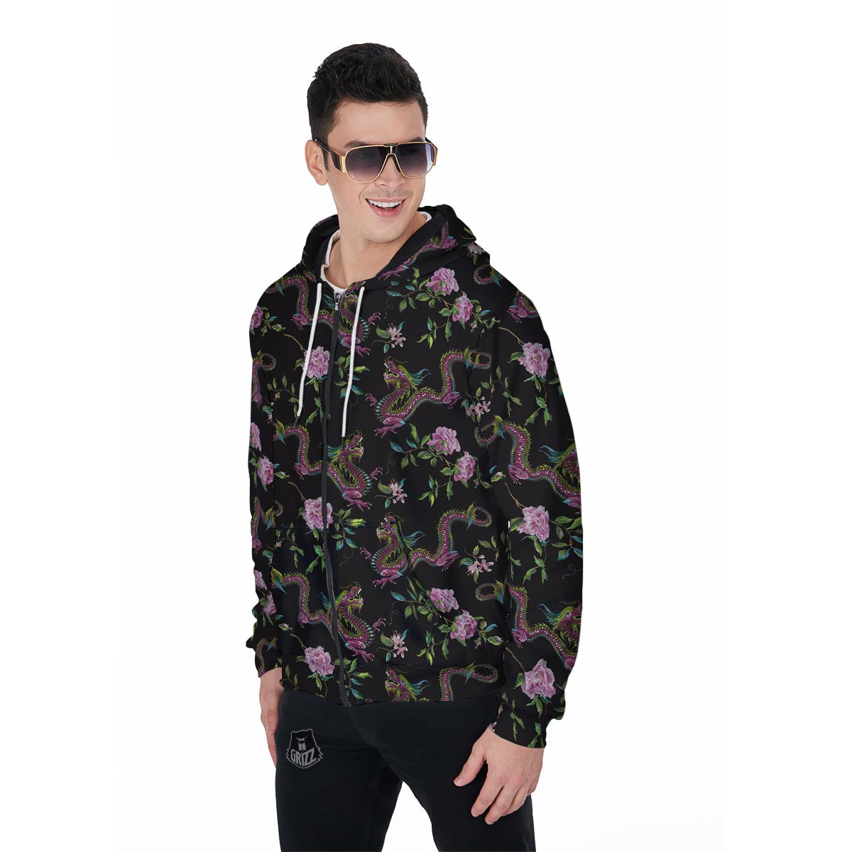 Floral Janpanese Dragon Print Men's Zip Up Hoodie-grizzshop
