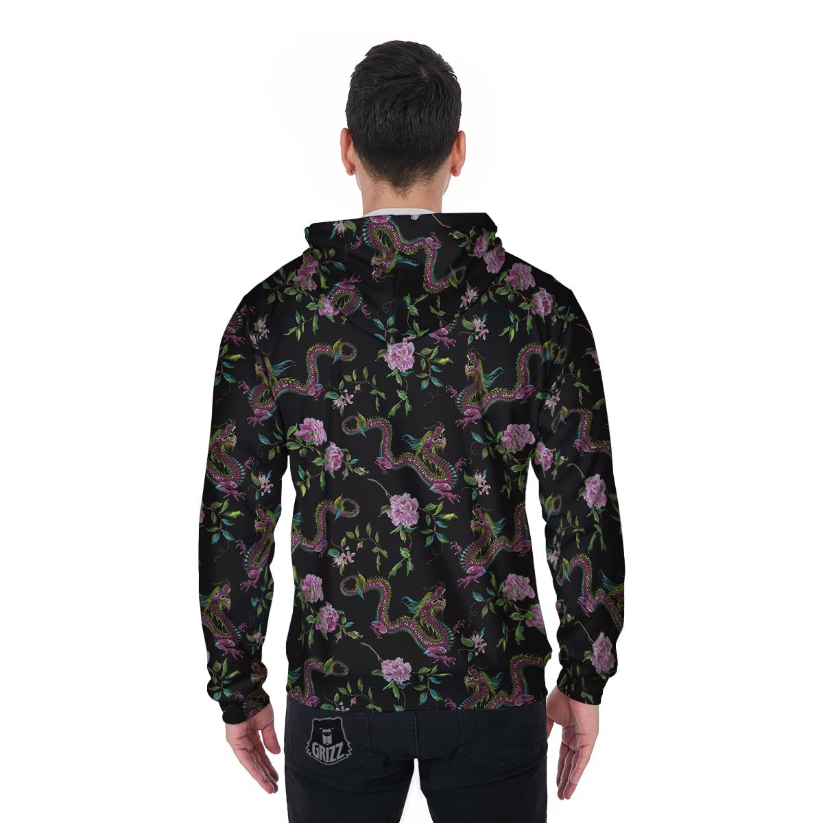 Floral Janpanese Dragon Print Men's Zip Up Hoodie-grizzshop