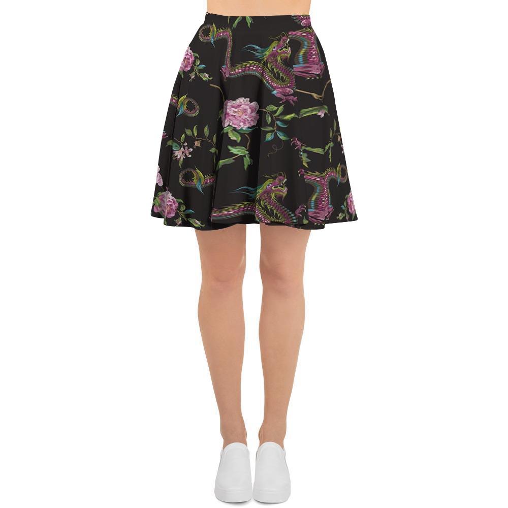 Floral Janpanese Dragon Print Women's Skirt-grizzshop