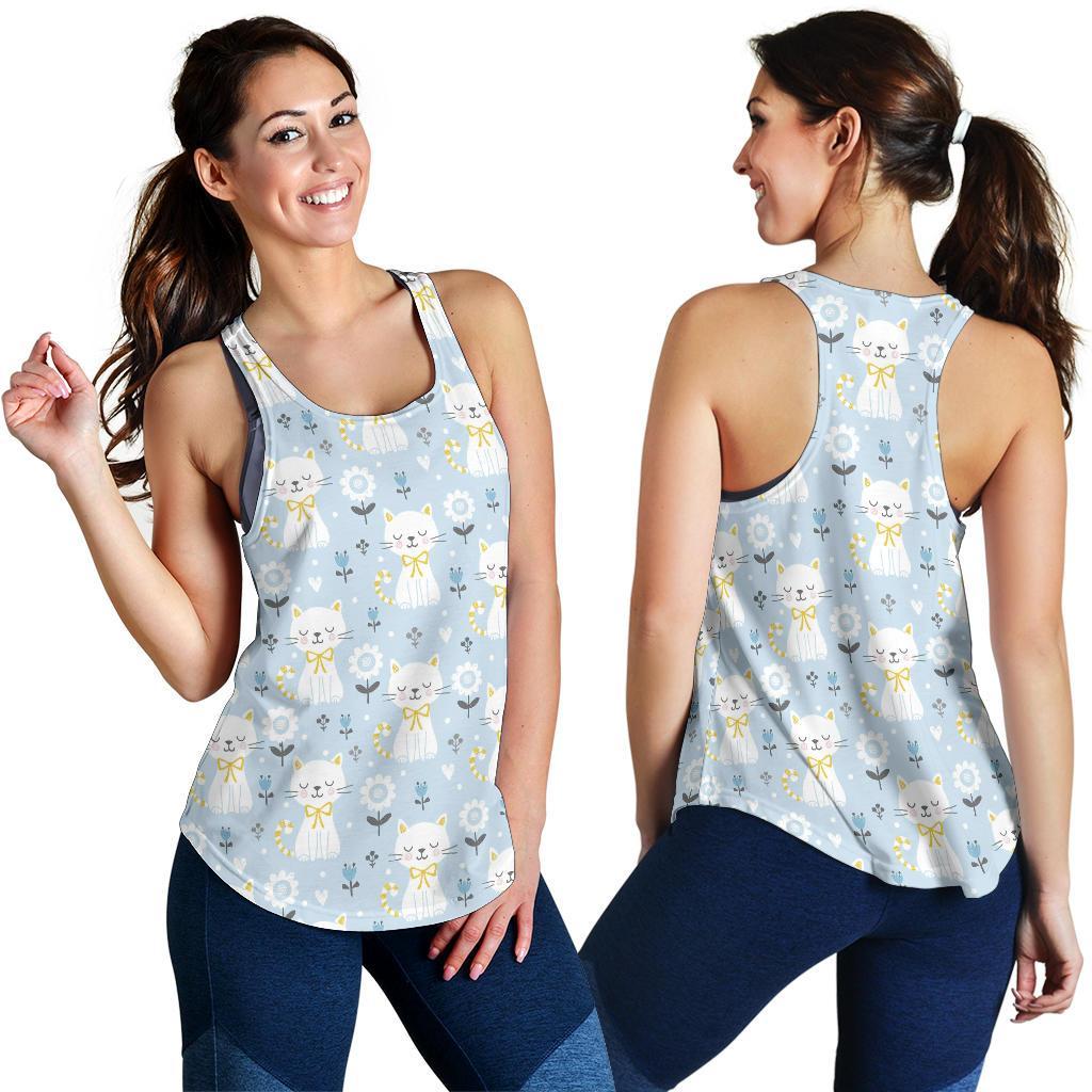 Floral Kitten Cat Pattern Print Racerback Tank Tops-grizzshop