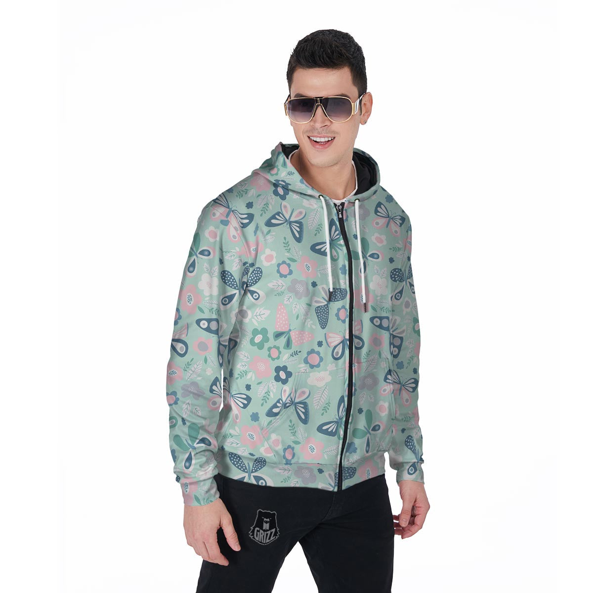 Floral Mint Butterfly Print Men's Zip Up Hoodie-grizzshop