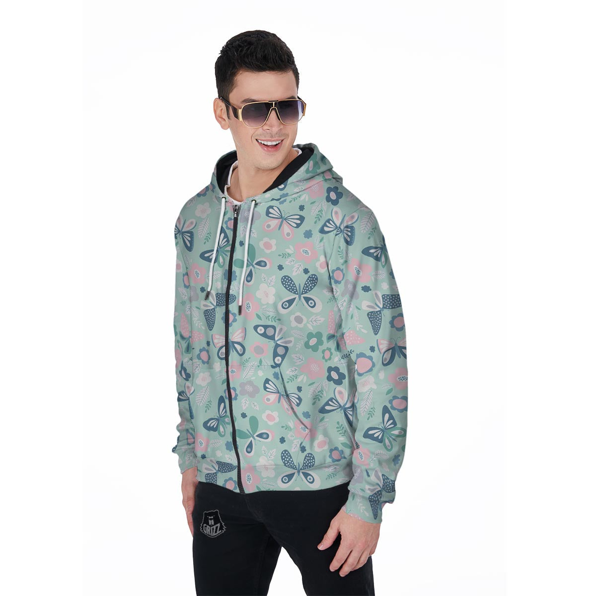 Floral Mint Butterfly Print Men's Zip Up Hoodie-grizzshop