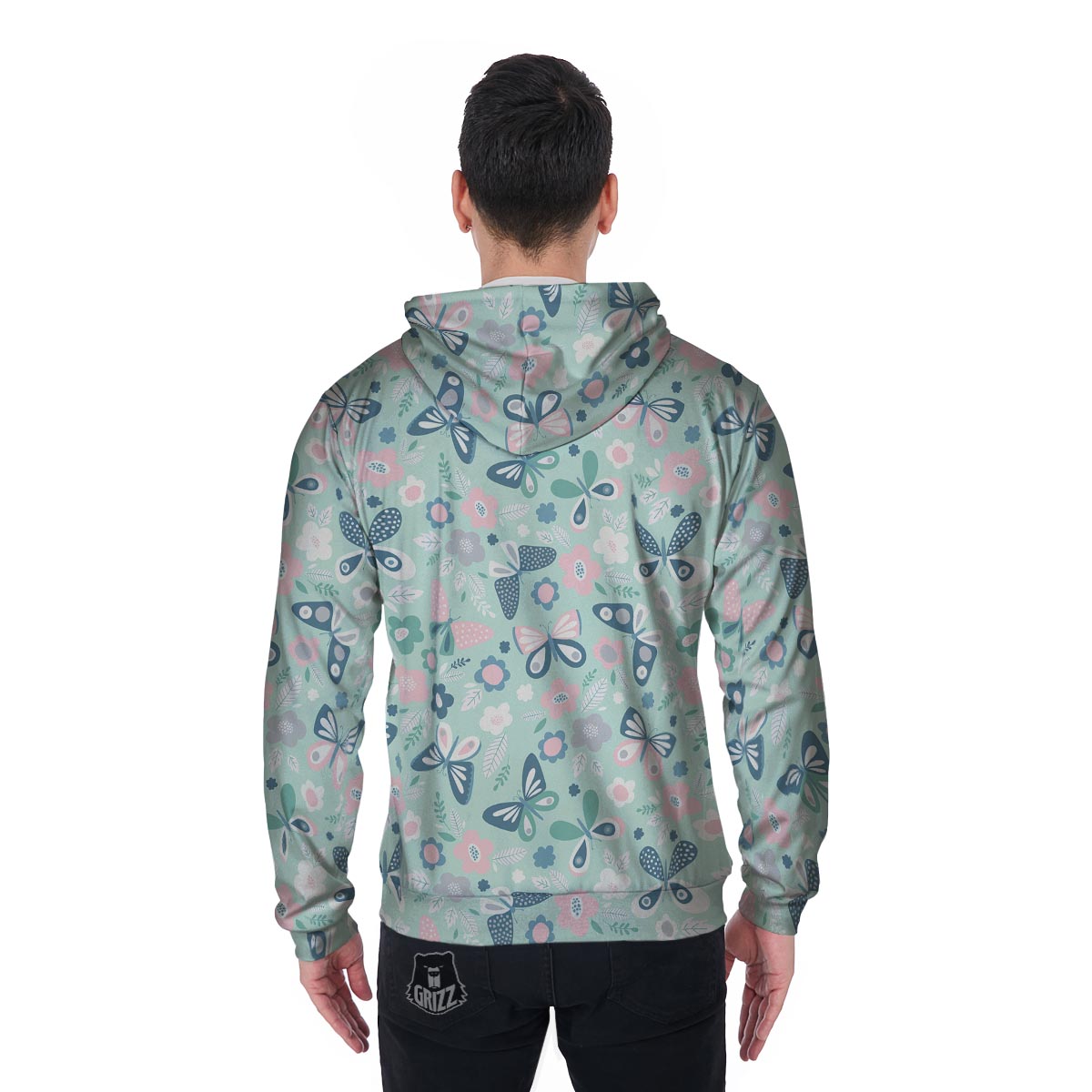 Floral Mint Butterfly Print Men's Zip Up Hoodie-grizzshop