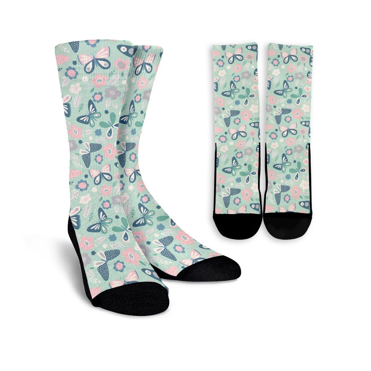 Floral Mint Butterfly Print Unisex Socks-grizzshop