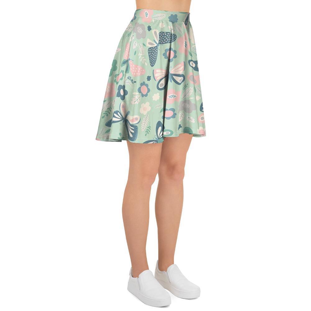 Floral Mint Butterfly Print Women's Skirt-grizzshop