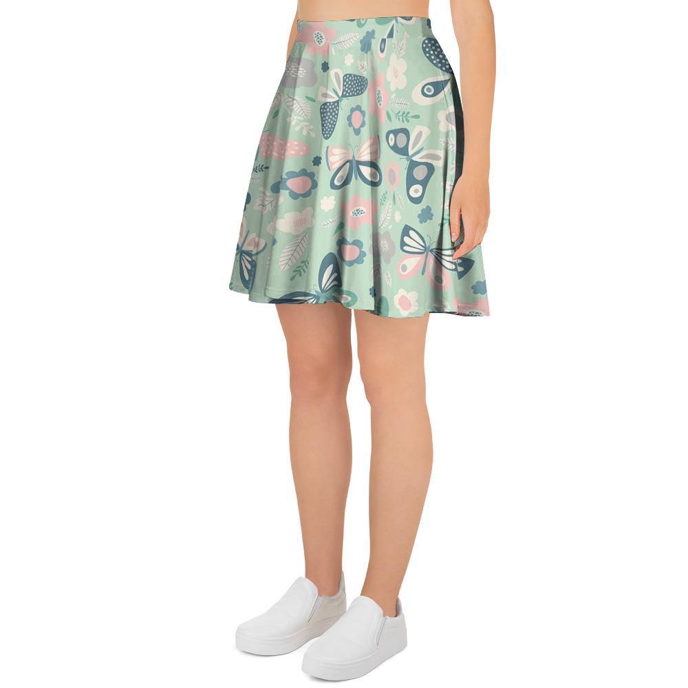 Floral Mint Butterfly Print Women's Skirt-grizzshop
