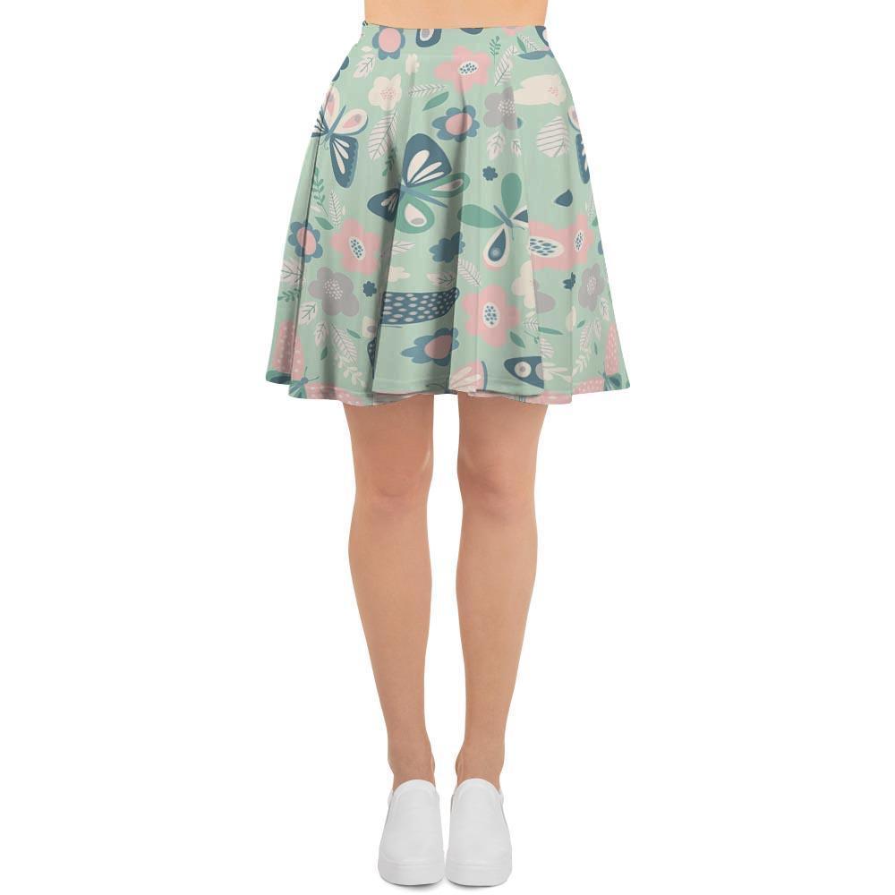 Floral Mint Butterfly Print Women's Skirt-grizzshop