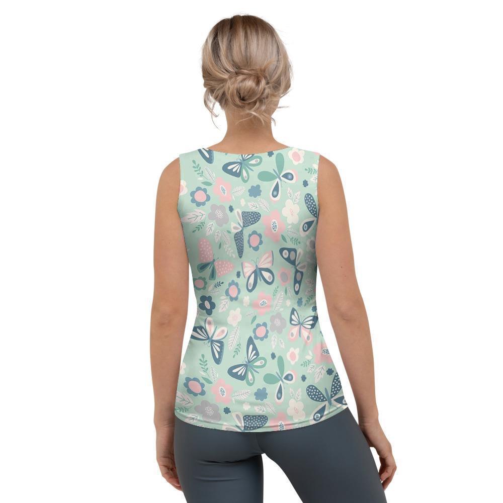 Floral Mint Butterfly Print Women's Tank Top-grizzshop
